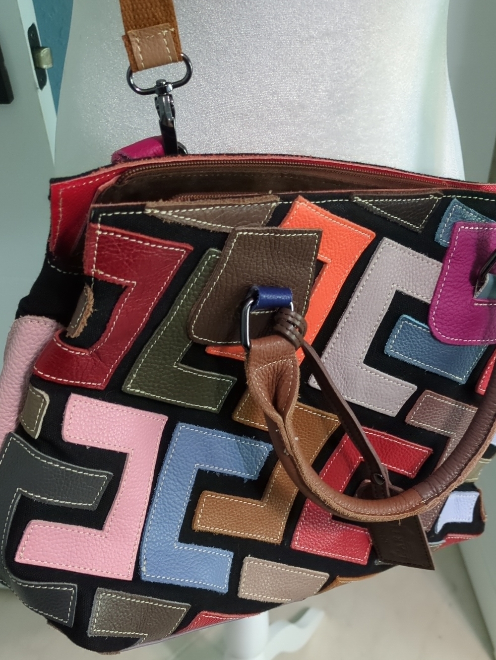 L'artiste Multicolor Geometric Leather Satchel Bag Shoulder Boho - Picture 7 of 7
